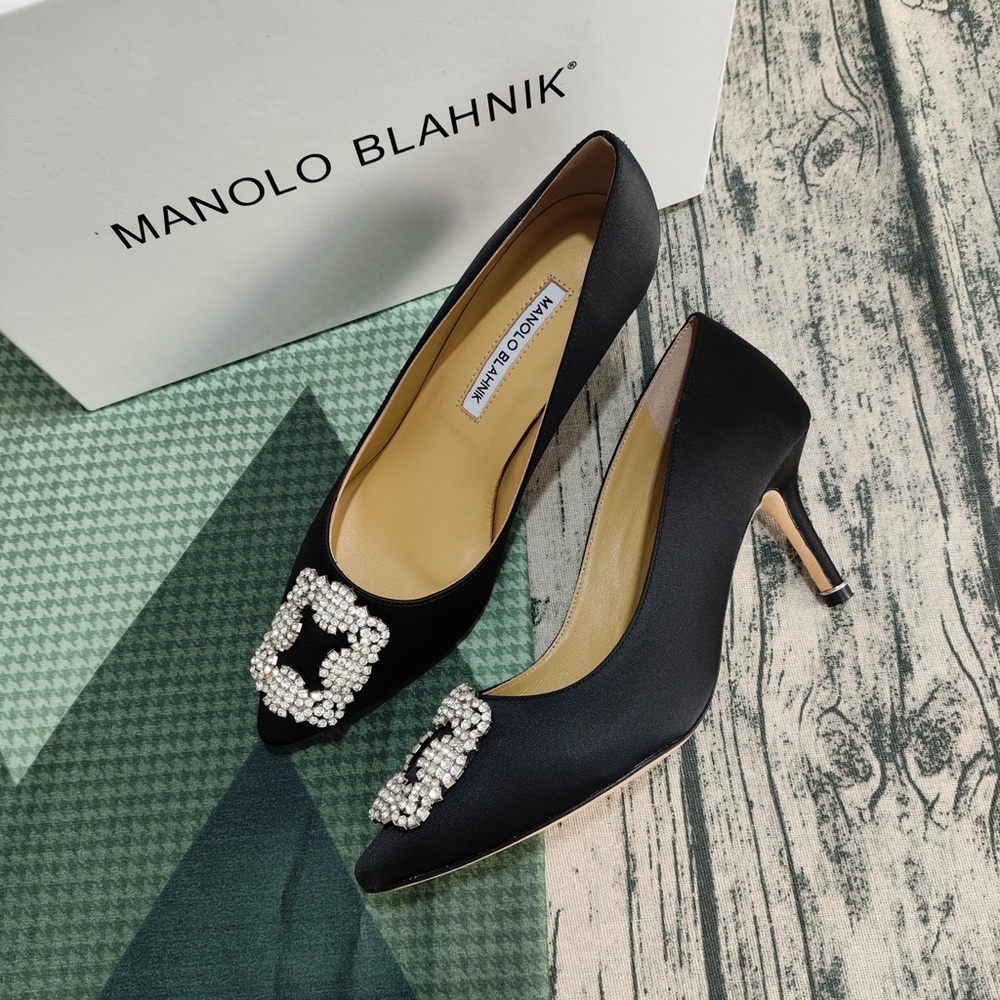 Manolo Blahnik Black Satin Pumps with Crystal Buckle